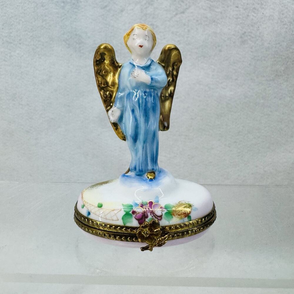 Vintage Limoges Porcelain Blue Floral Angel Trinket Box, Hand-Painted, France
